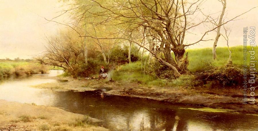 Emilio Sanchez-Perrier : A campfire By the River's Edge